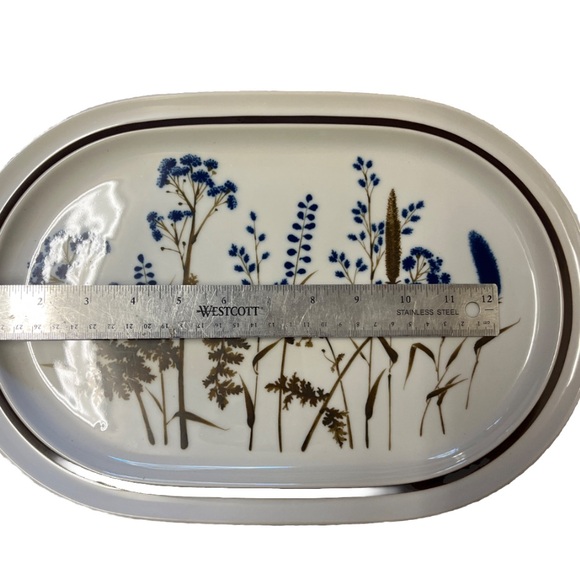 Vintage NORITAKE JAPAN PRIMASTONE WINSOME OVAL PLATTER BLUE CATTAILS LARGE - Picture 2 of 4